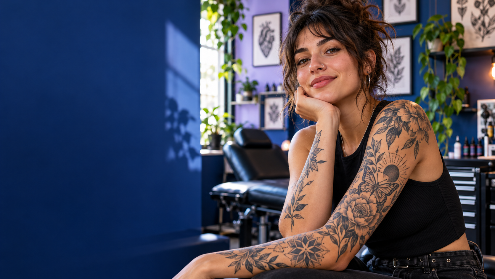 Jovem tatuadora em estúdio contemporâneo, com tatuagens de botânica e geometria no braço
