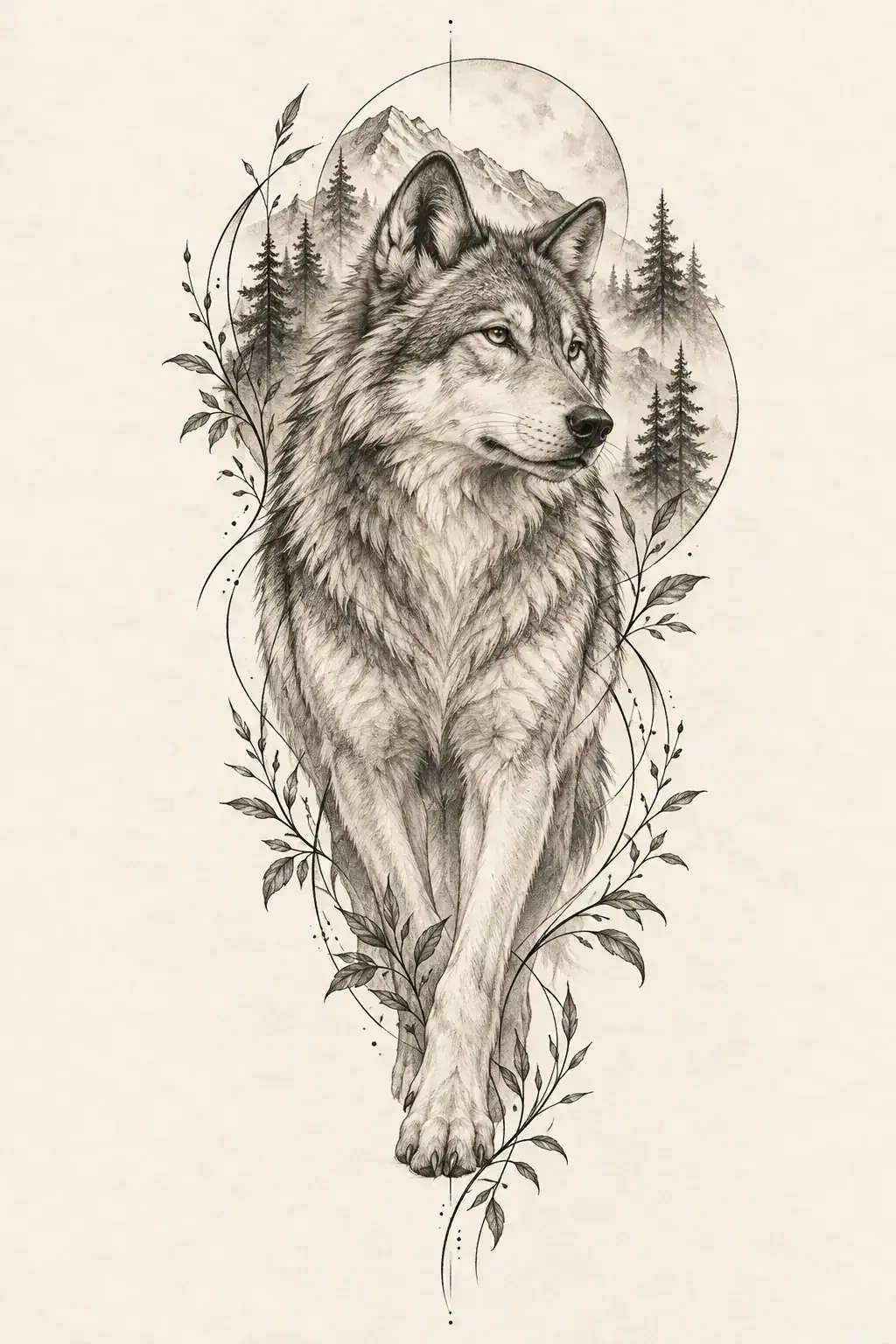 Tatuagem de lobo no estilo Fineline, arte de referência original