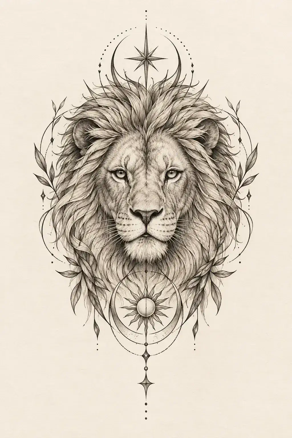 Ilustração de tatuagem de leão no estilo Fineline, referência original para mão