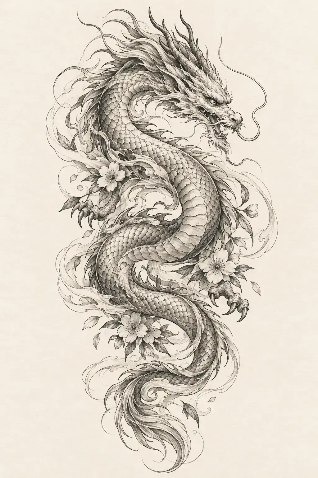 Tatuagem de dragão no estilo Fineline, arte de referência original