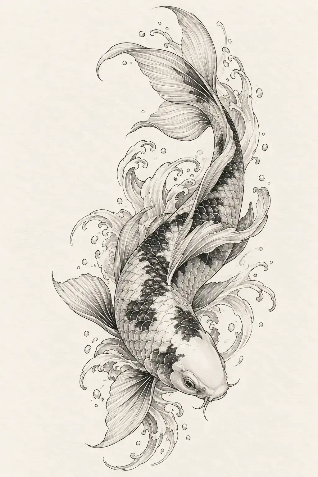 Ilustração de tatuagem de carpa no estilo Fineline, referência original para costela