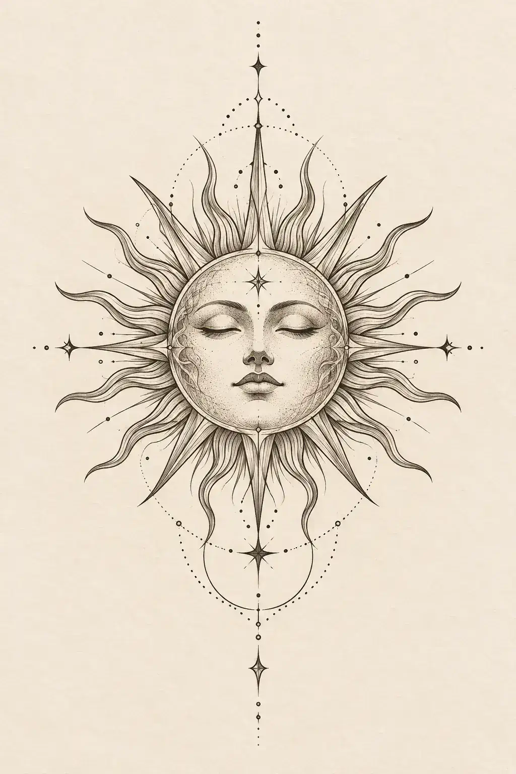 Tatuagem de sol no estilo Fineline, arte de referência original