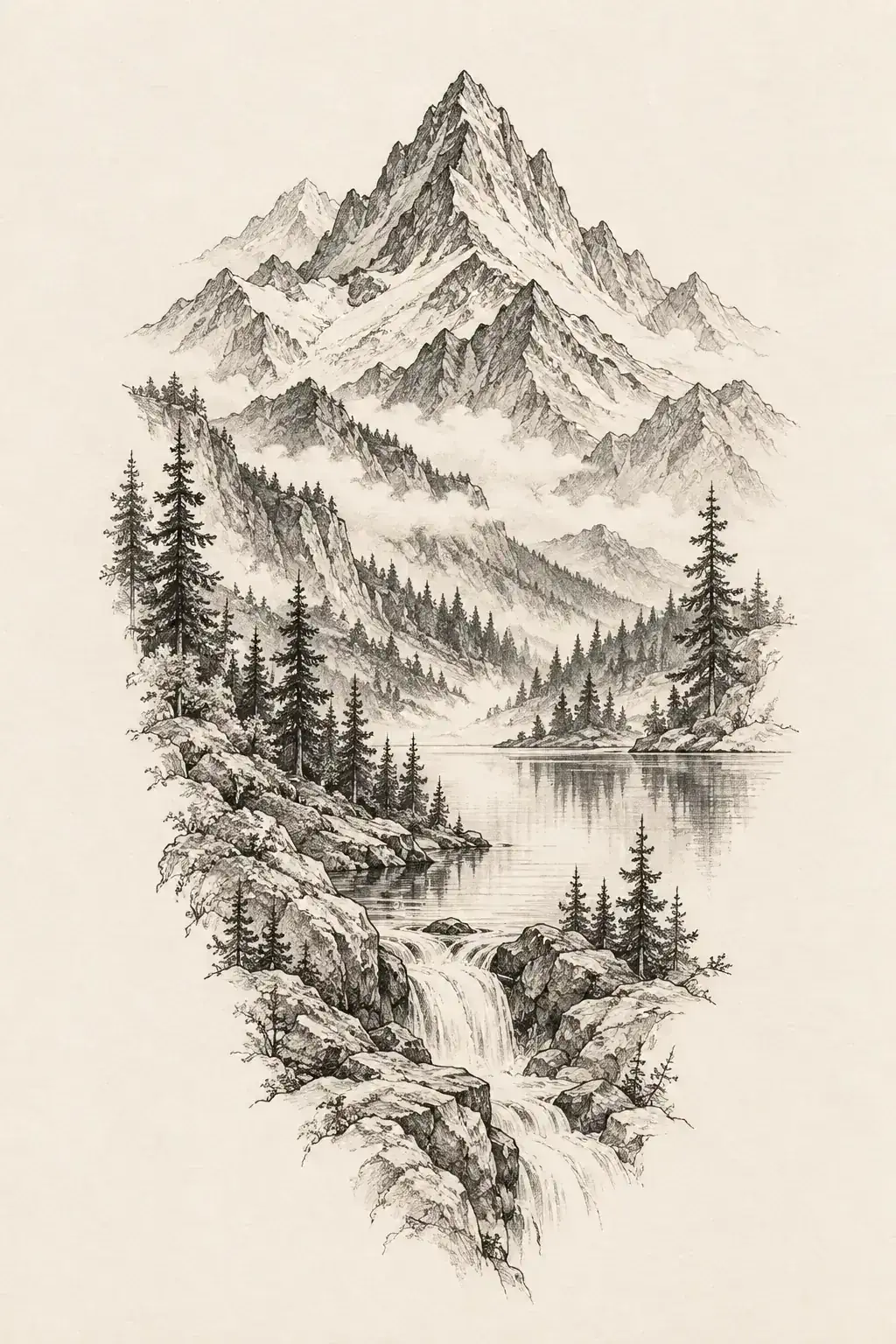 Ilustração de tatuagem de montanha no estilo Fineline, referência original para coxa