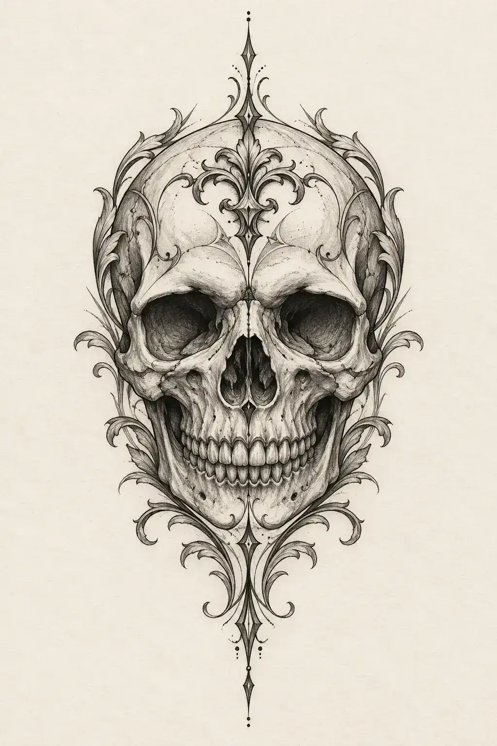 Ilustração de tatuagem de caveira no estilo Fineline, referência original para mão
