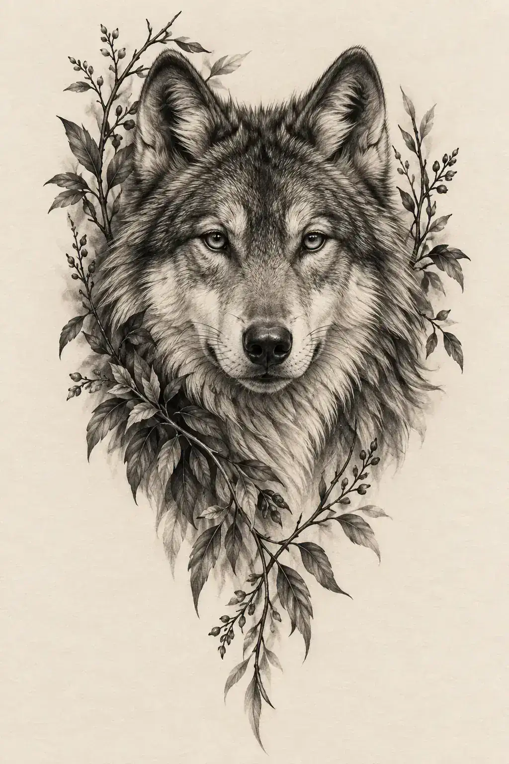 Ilustração de tatuagem de lobo no estilo Realismo, referência original para nuca