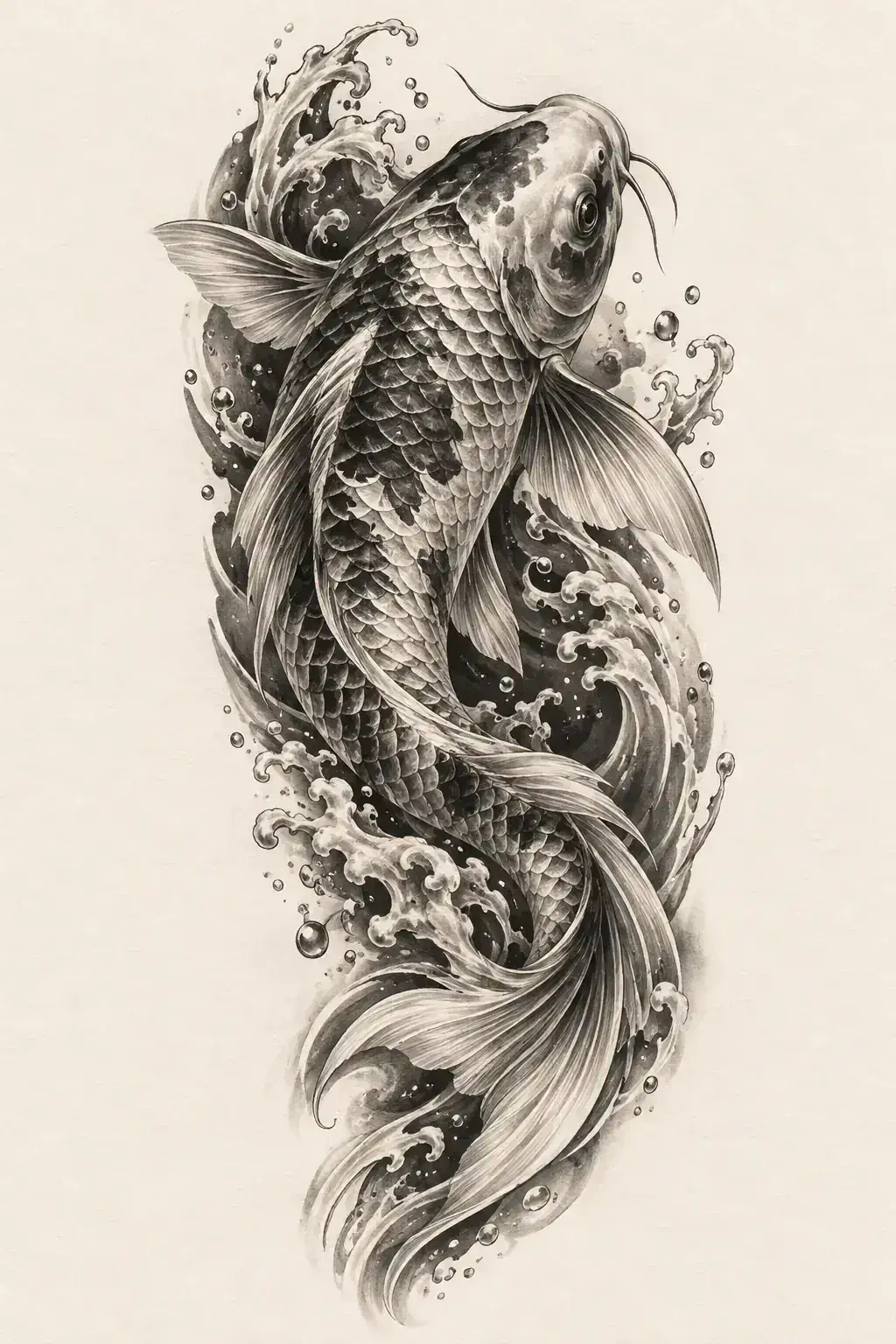 Ilustração de tatuagem de carpa no estilo Realismo, referência original para antebraço