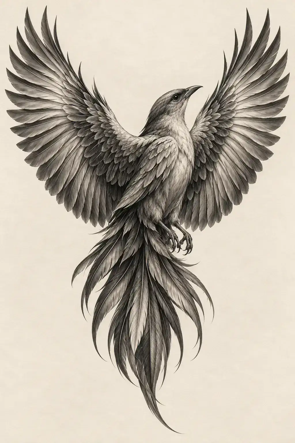 Ilustração de tatuagem de pássaro no estilo Realismo, referência original para costas