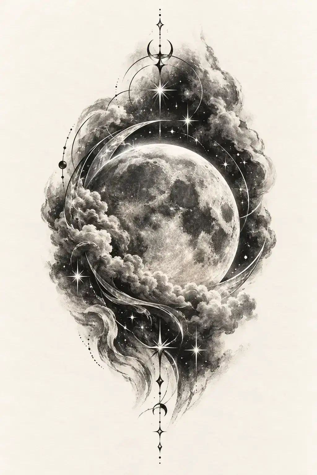 Ilustração de tatuagem de lua no estilo Realismo, referência original para mão