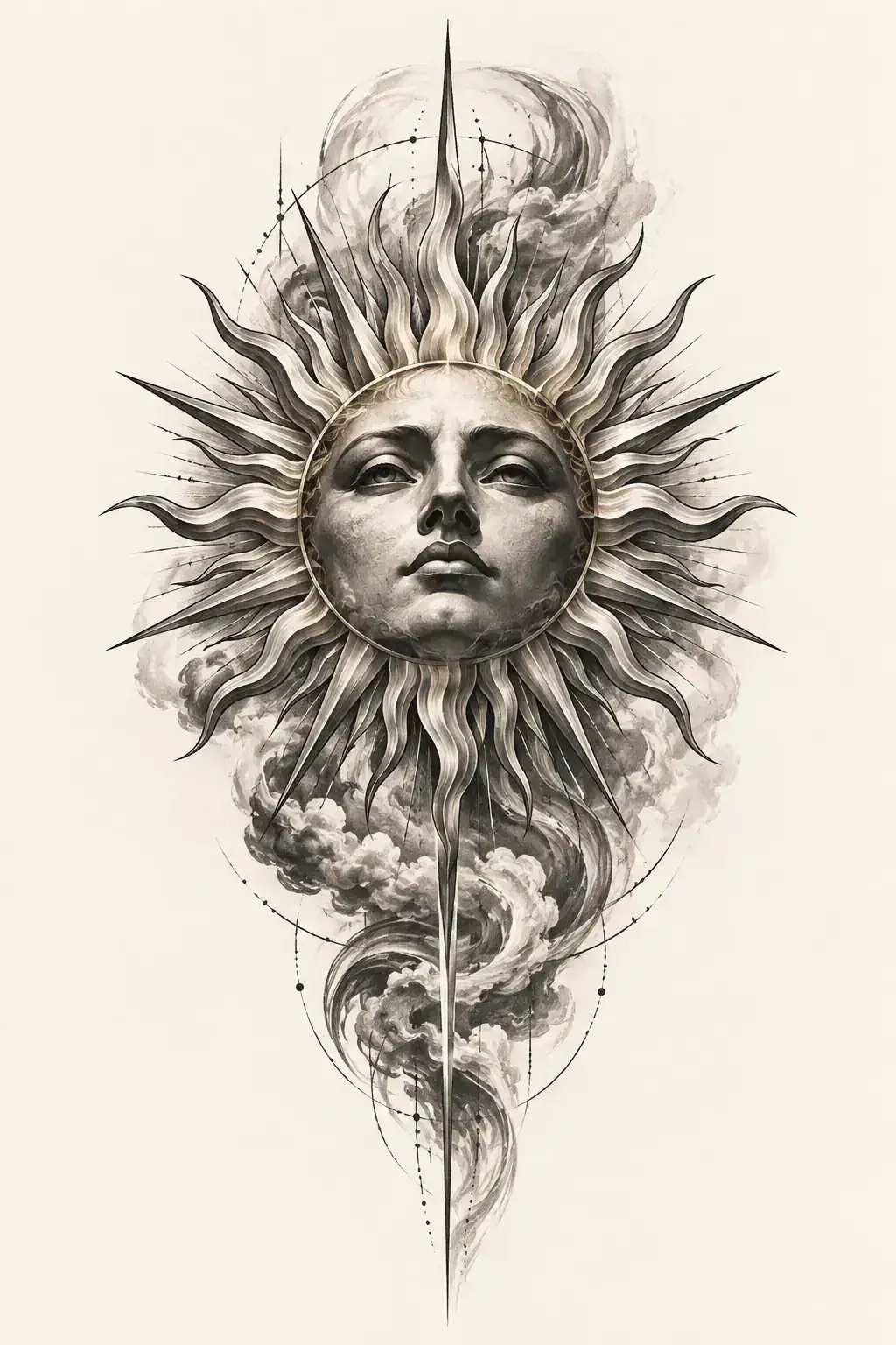Ilustração de tatuagem de sol no estilo Realismo, referência original para panturrilha