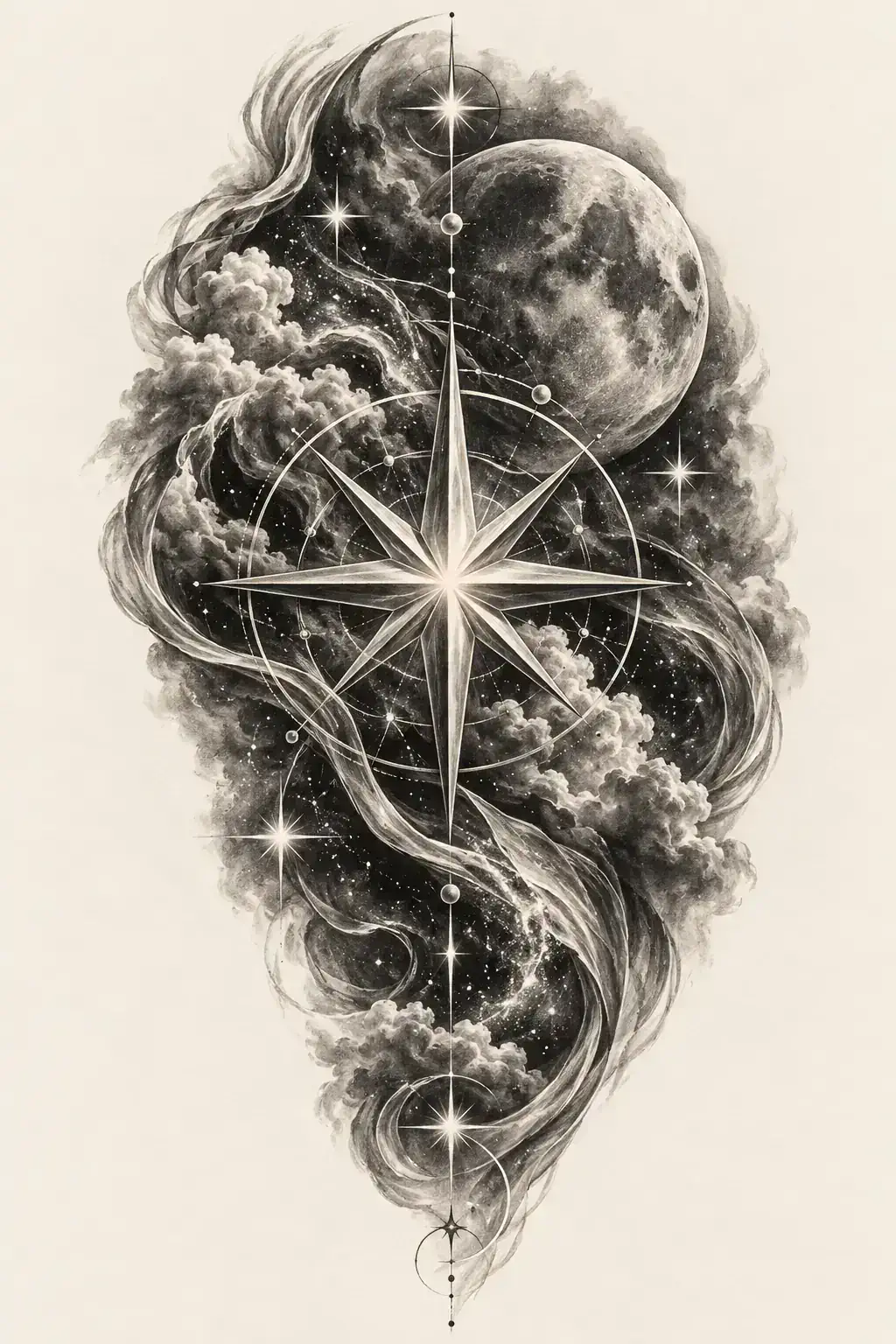 Ilustração de tatuagem de estrela no estilo Realismo, referência original para fechamento / manga