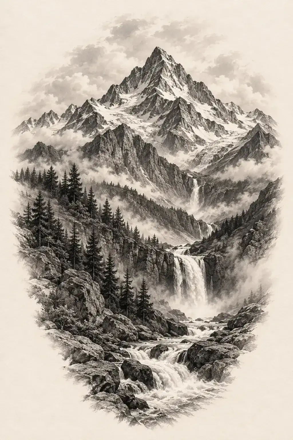Ilustração de tatuagem de montanha no estilo Realismo, referência original para ombro