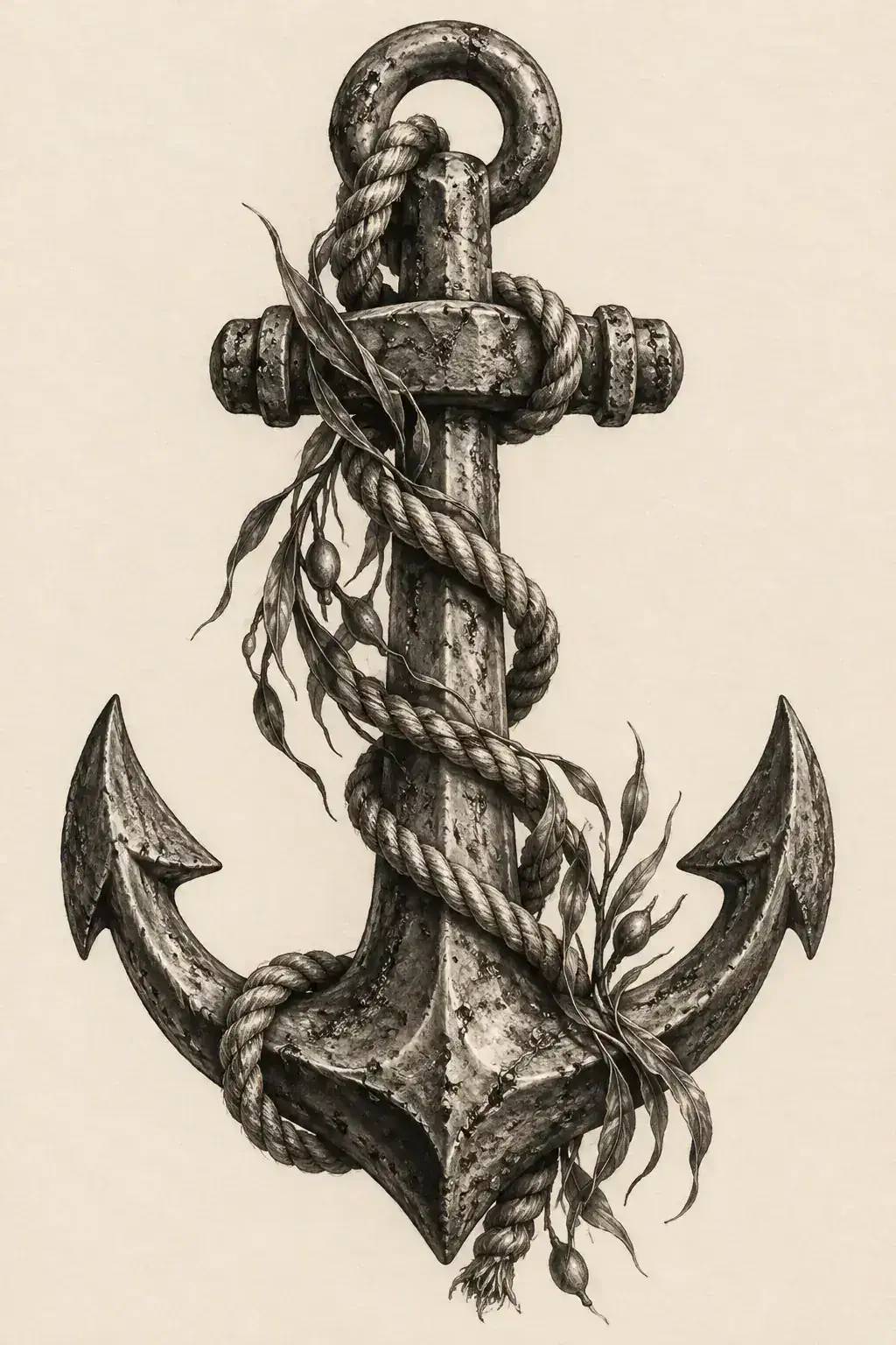 Ilustração de tatuagem de âncora no estilo Realismo, referência original para perna