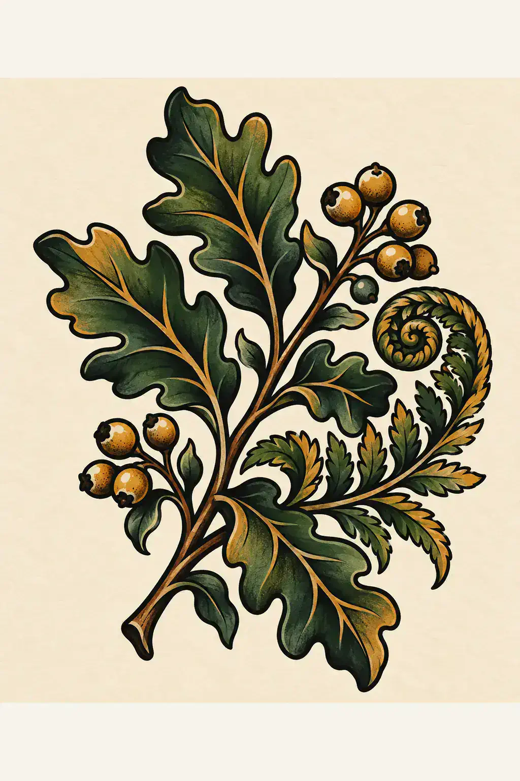 Ilustração de tatuagem de folhagem no estilo Old School, referência original para costas
