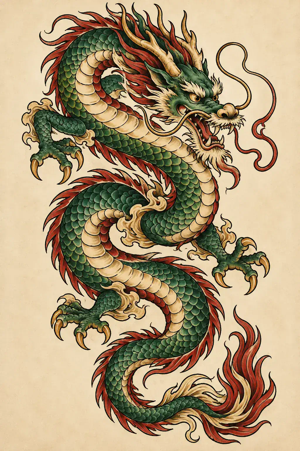 Ilustração de tatuagem de dragão no estilo Old School, referência original para costela