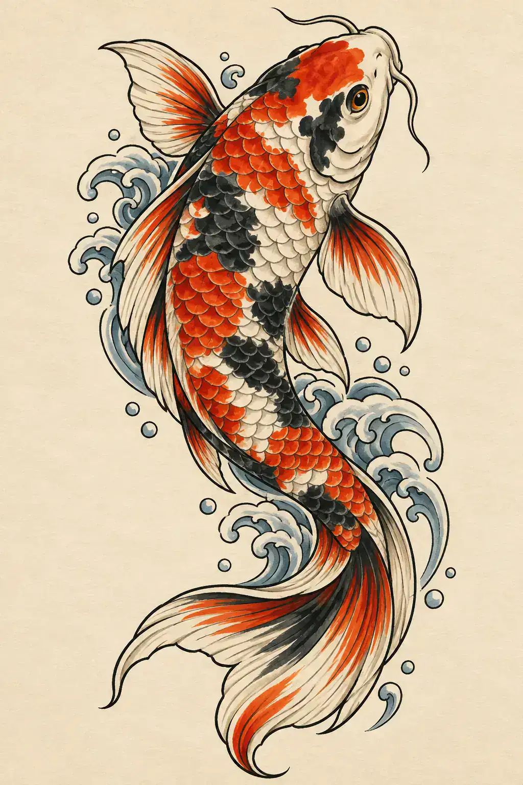 Ilustração de tatuagem de carpa no estilo Old School, referência original para perna