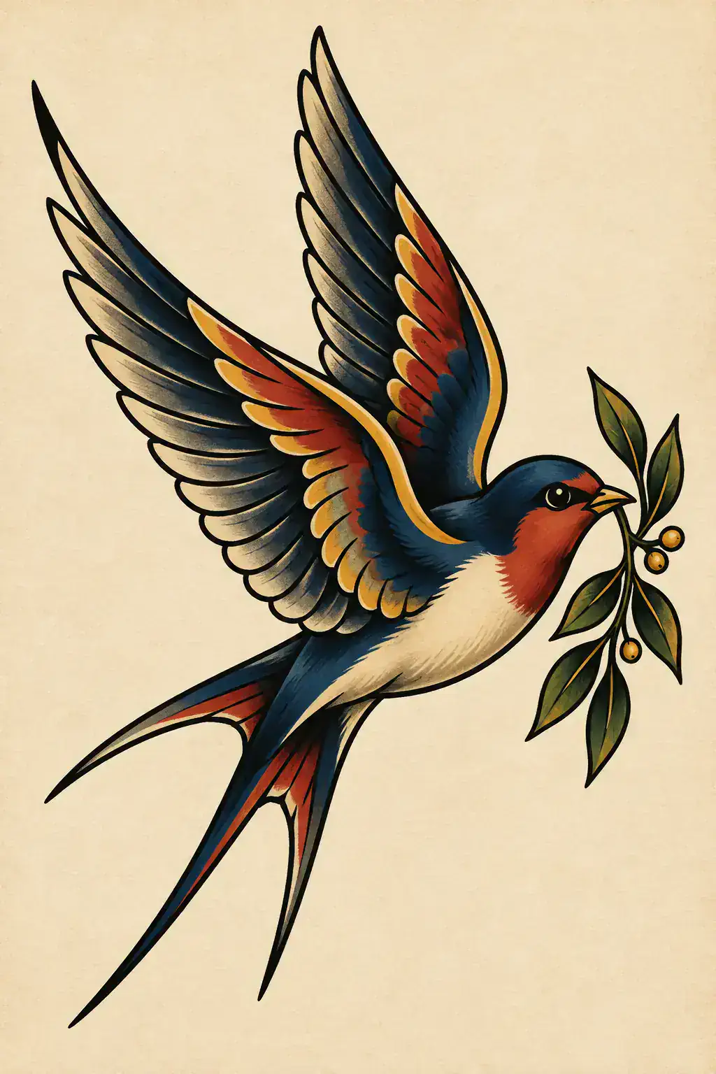 Ilustração de tatuagem de pássaro no estilo Old School, referência original para nuca