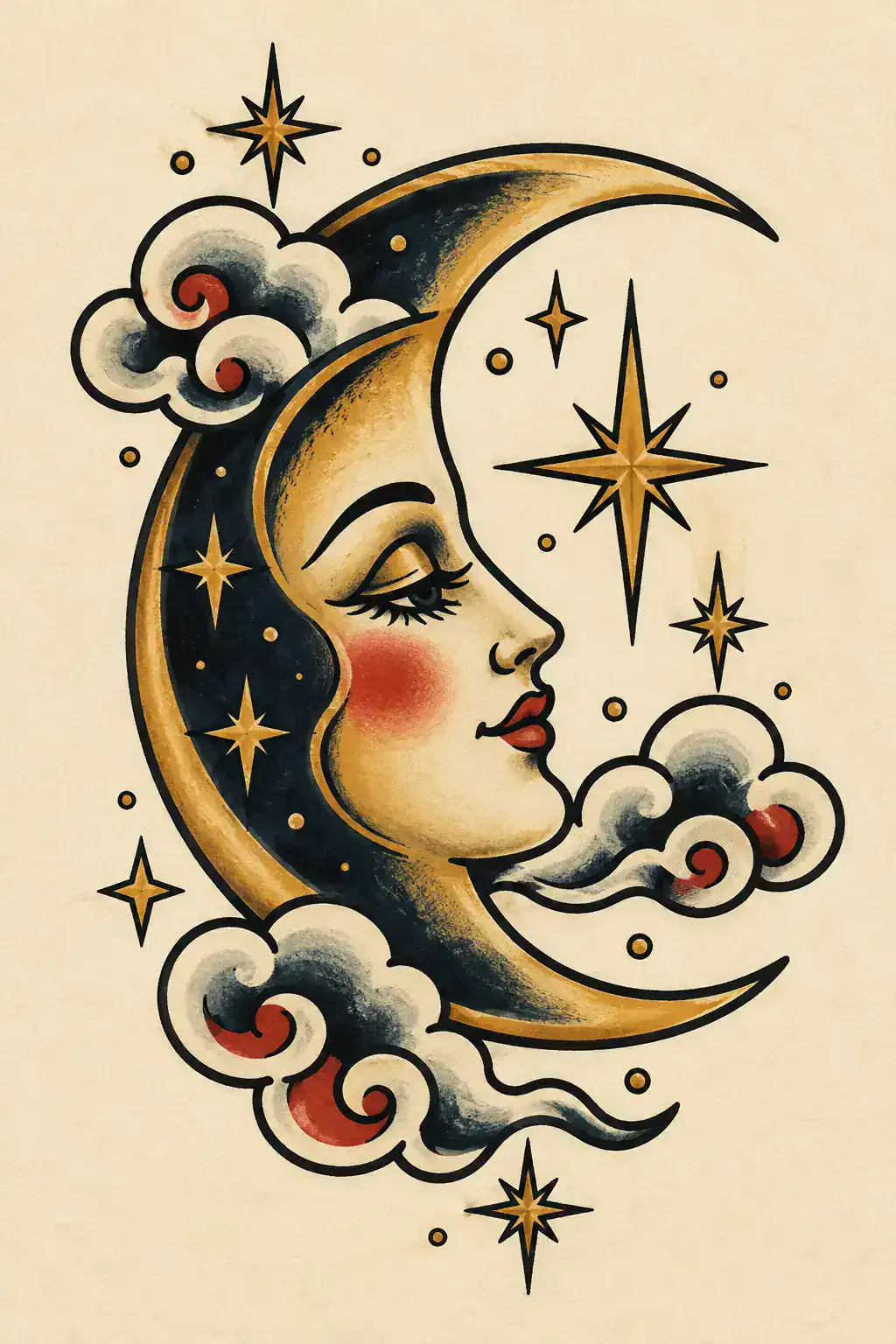 Ilustração de tatuagem de lua no estilo Old School, referência original para braço