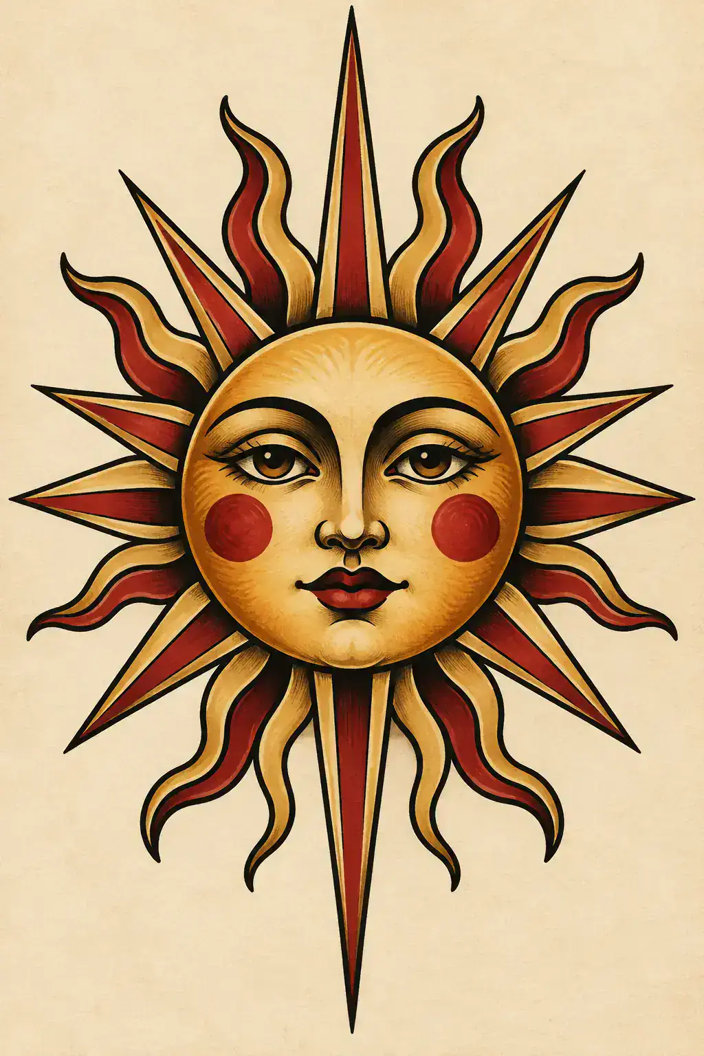 Ilustração de tatuagem de sol no estilo Old School, referência original para peito