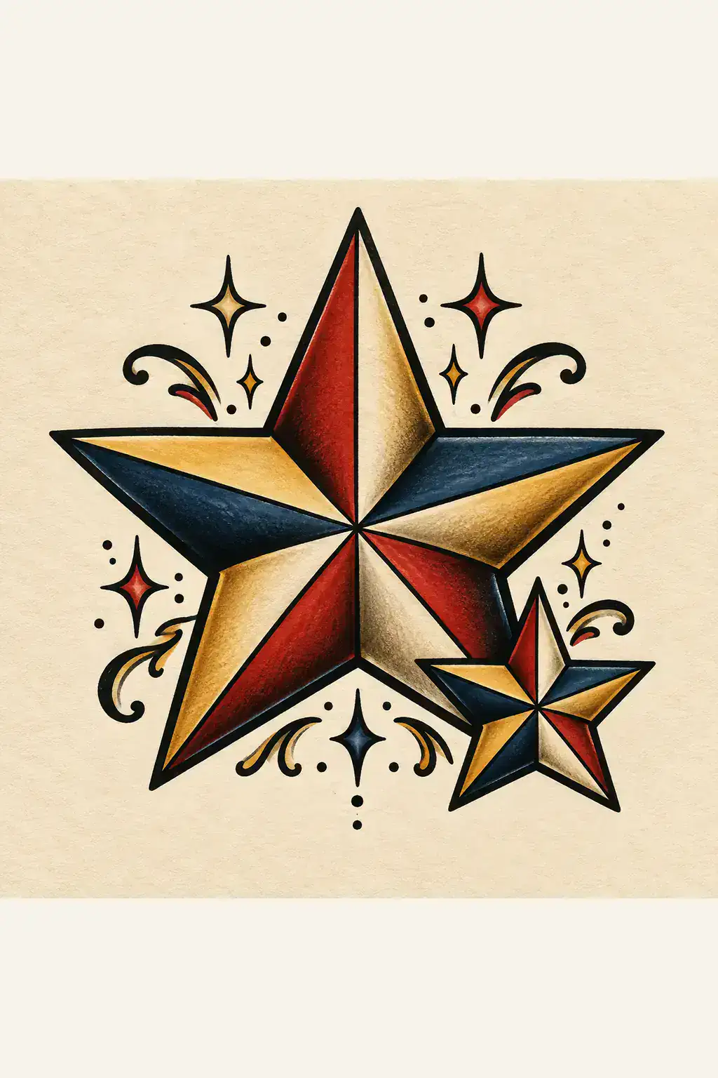 Ilustração de tatuagem de estrela no estilo Old School, referência original para coxa