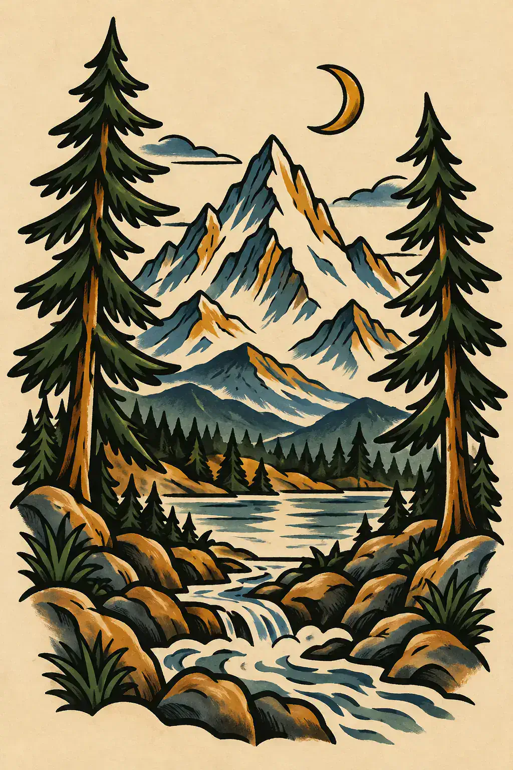 Tatuagem de montanha no estilo Old School, arte de referência original