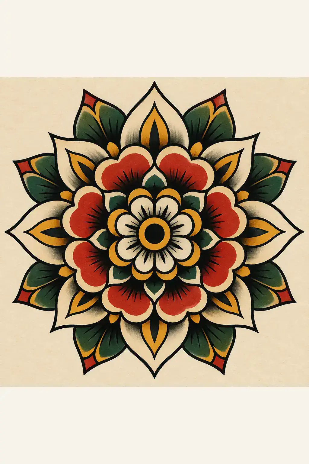 Ilustração de tatuagem de mandala no estilo Old School, referência original para mão