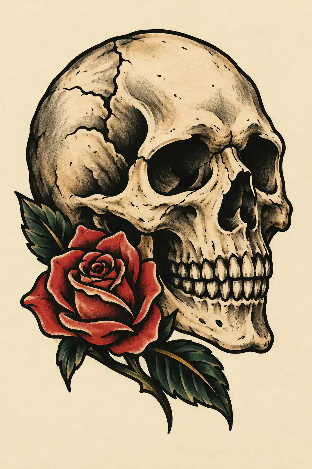 Ilustração de tatuagem de caveira no estilo Old School, referência original para panturrilha