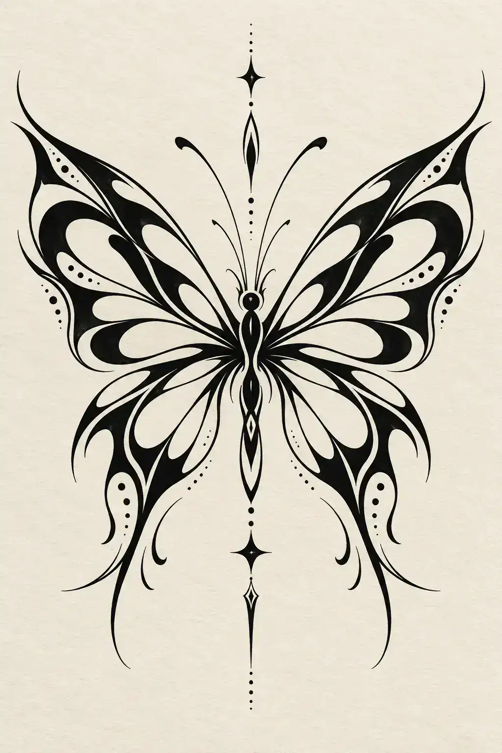 Ilustração de tatuagem de borboleta no estilo Tribal, referência original para coxa