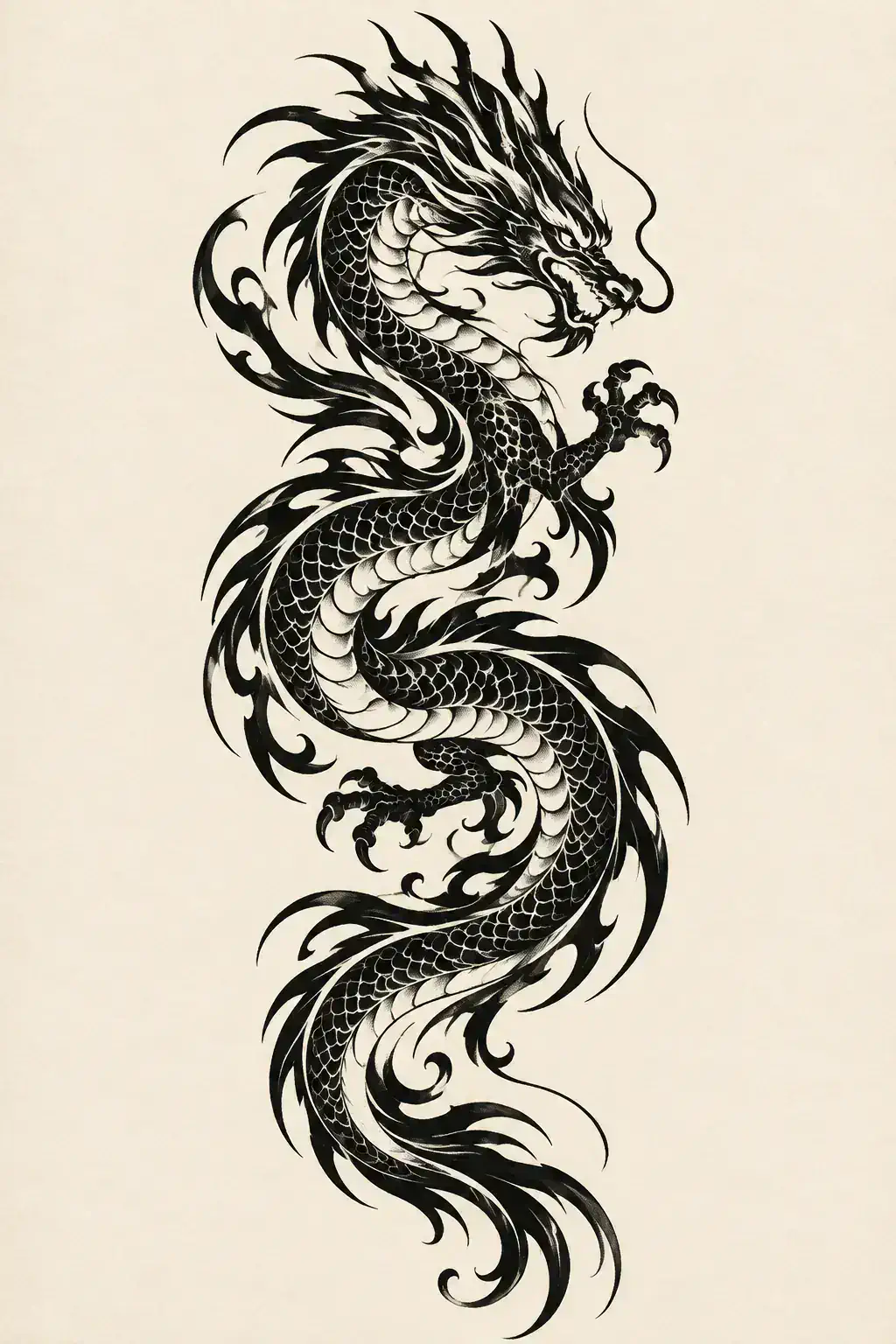 Ilustração de tatuagem de dragão no estilo Tribal, referência original para antebraço