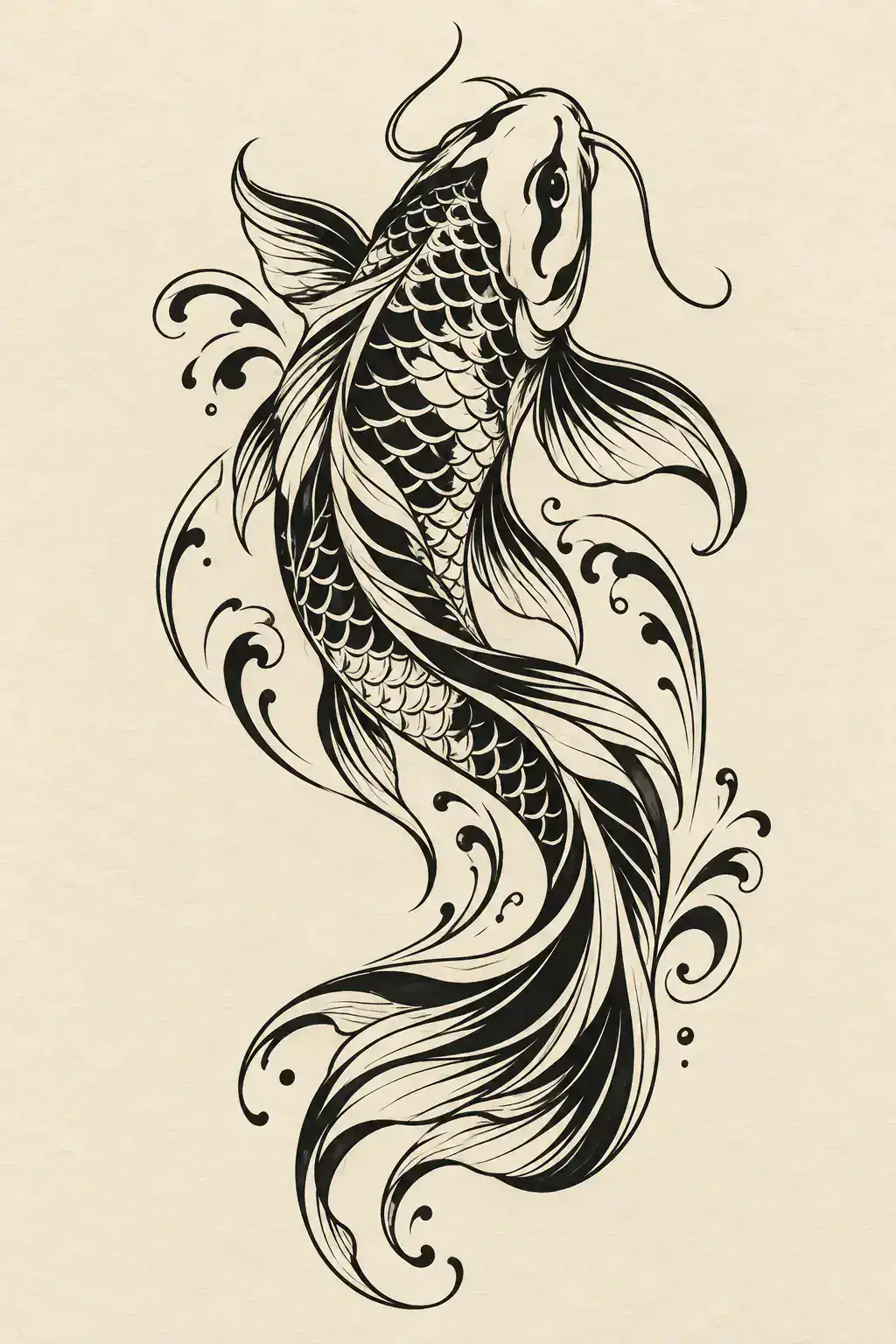 Ilustração de tatuagem de carpa no estilo Tribal, referência original para costas