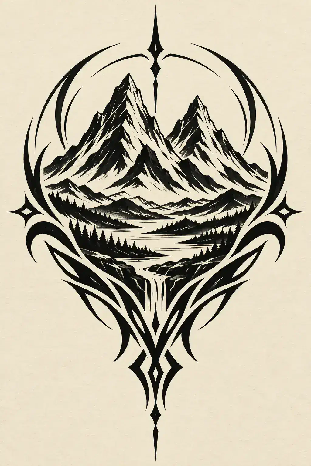 Ilustração de tatuagem de montanha no estilo Tribal, referência original para costela