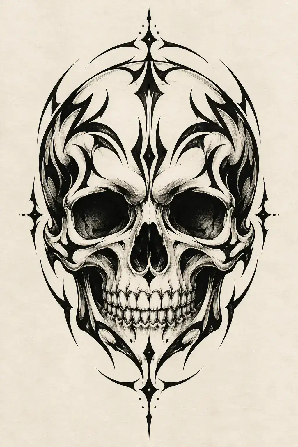 Ilustração de tatuagem de caveira no estilo Tribal, referência original para peito