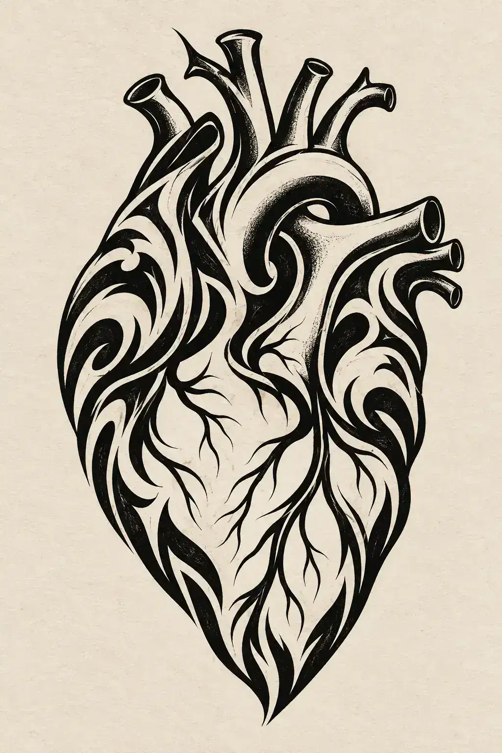Ilustração de tatuagem de coração no estilo Tribal, referência original para coxa