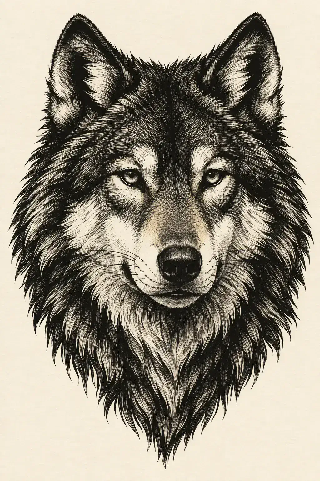 Ilustração de tatuagem de lobo no estilo Blackwork, referência original para panturrilha