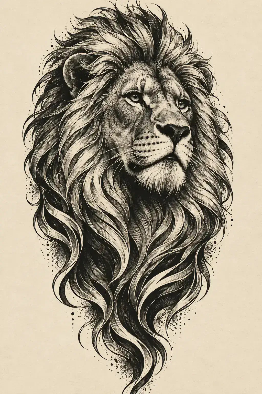Ilustração de tatuagem de leão no estilo Blackwork, referência original para fechamento / manga