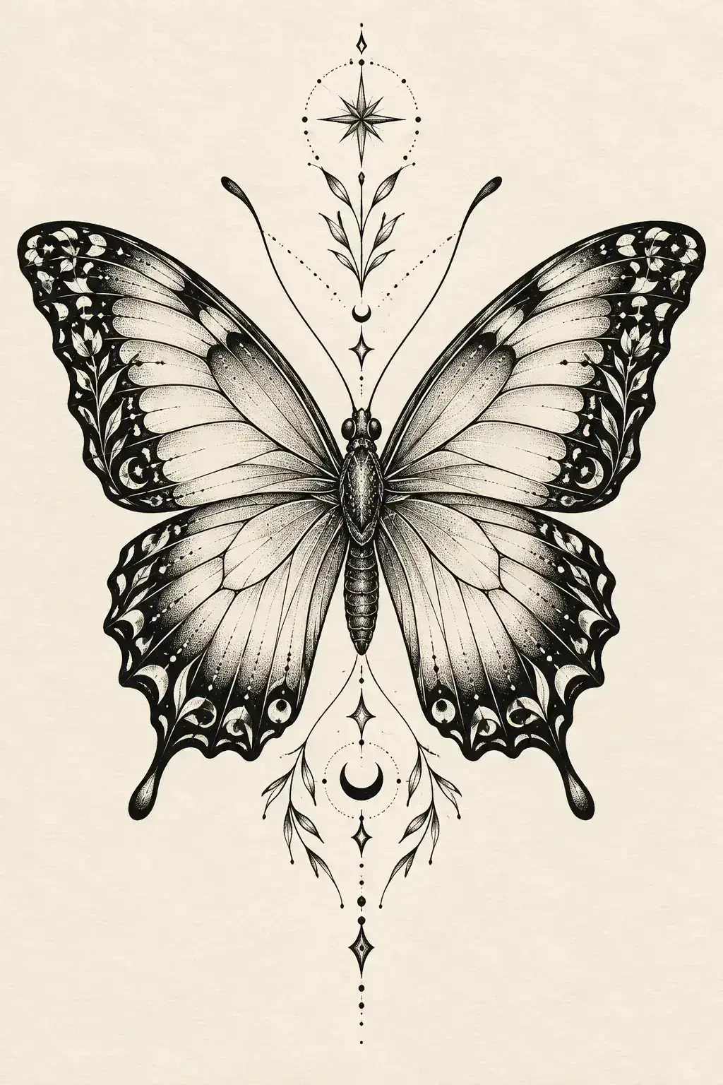 Ilustração de tatuagem de borboleta no estilo Blackwork, referência original para ombro