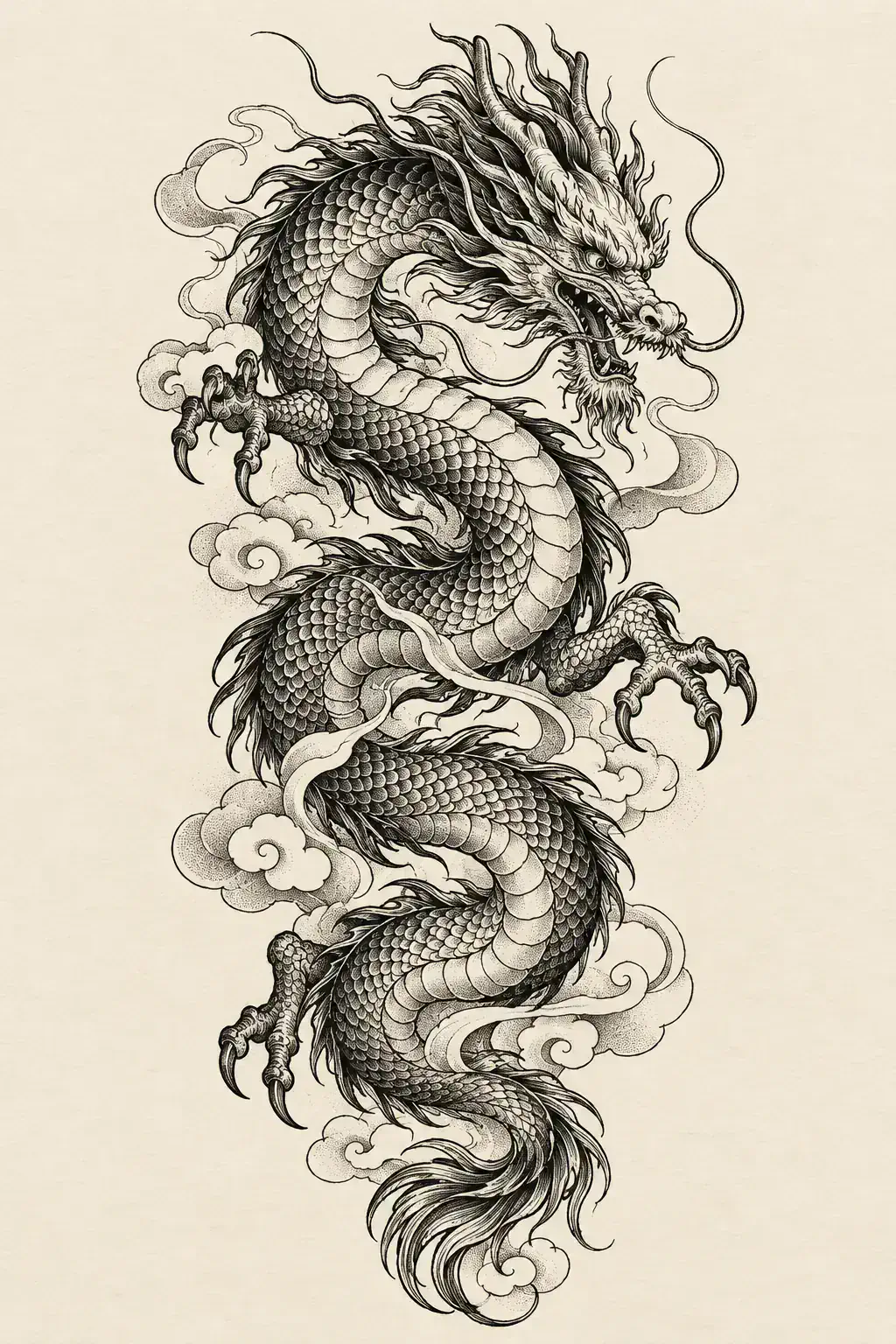 Ilustração de tatuagem de dragão no estilo Blackwork, referência original para perna