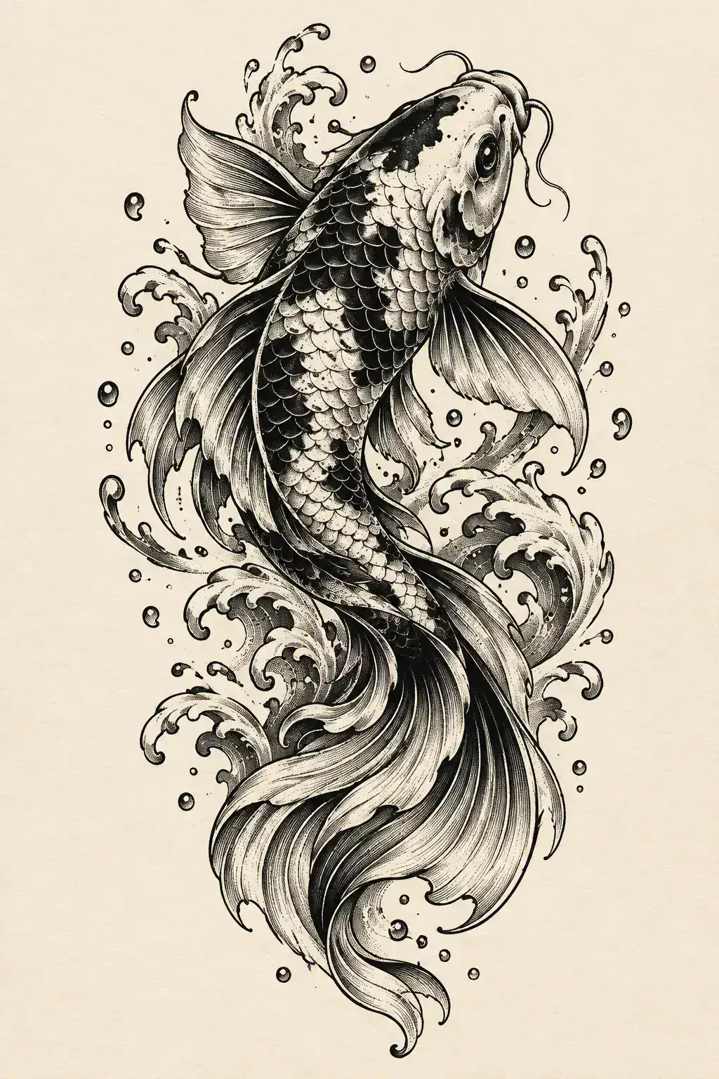 Tatuagem de carpa no estilo Blackwork, arte de referência original
