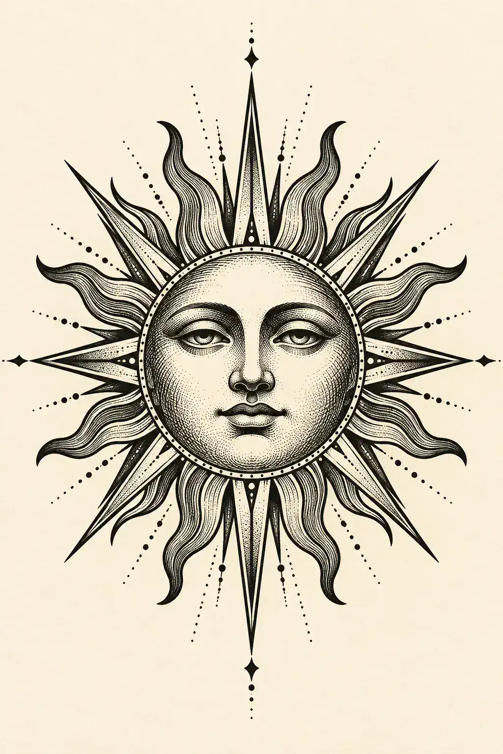 Tatuagem de sol no estilo Blackwork, arte de referência original