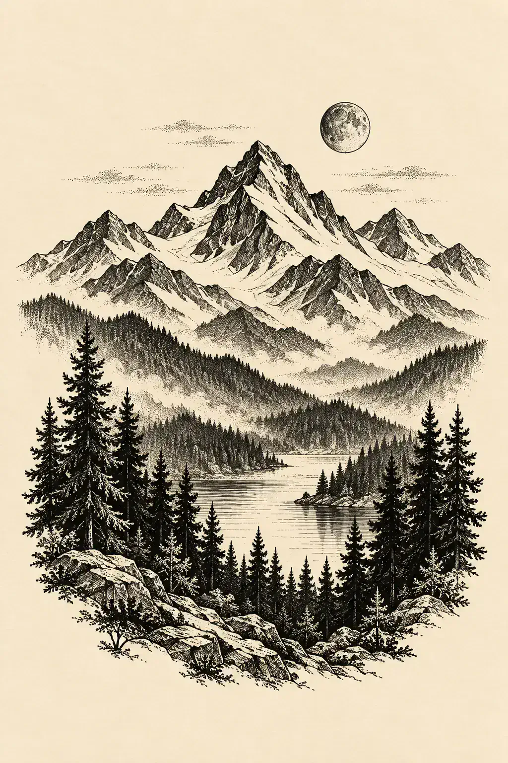 Ilustração de tatuagem de montanha no estilo Blackwork, referência original para antebraço
