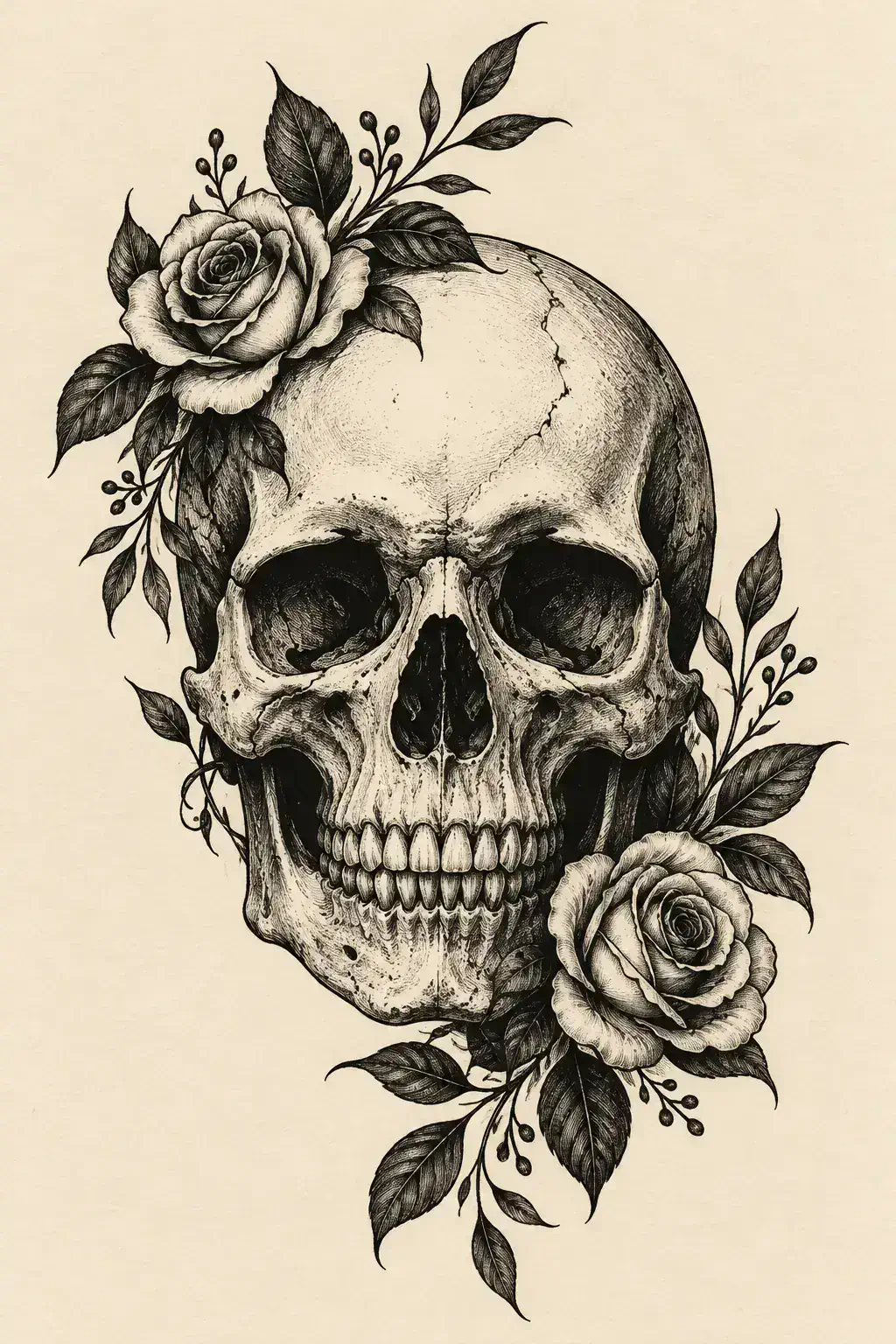 Ilustração de tatuagem de caveira no estilo Blackwork, referência original para fechamento / manga