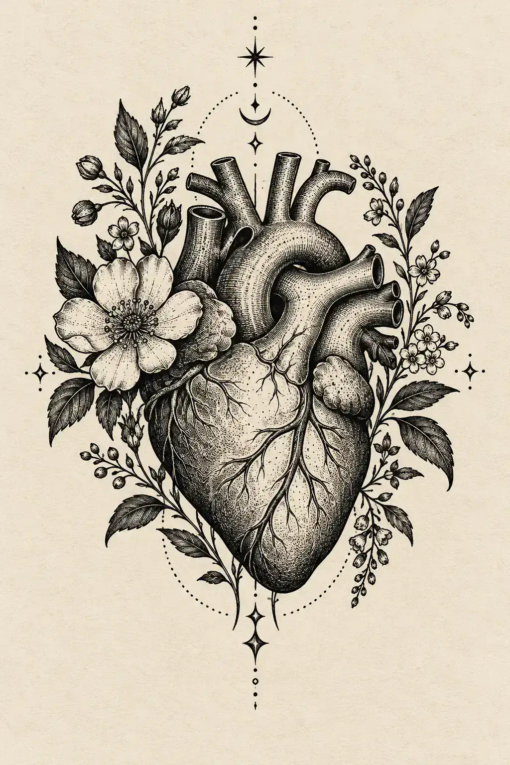 Ilustração de tatuagem de coração no estilo Blackwork, referência original para ombro