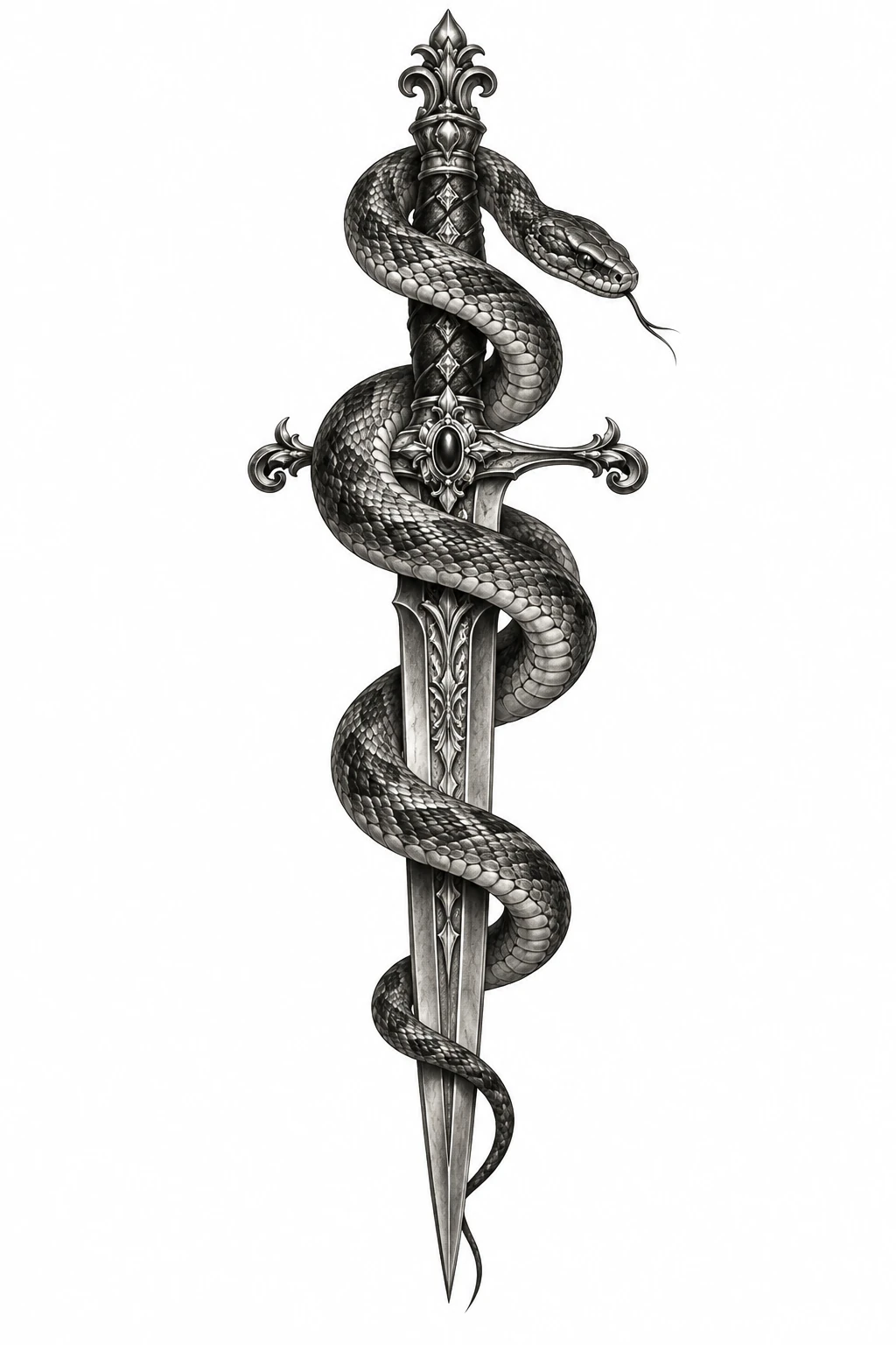 Desenho de tatuagem de Adaga antiga com serpente realista, modelo NR-0108, em preto e cinza.