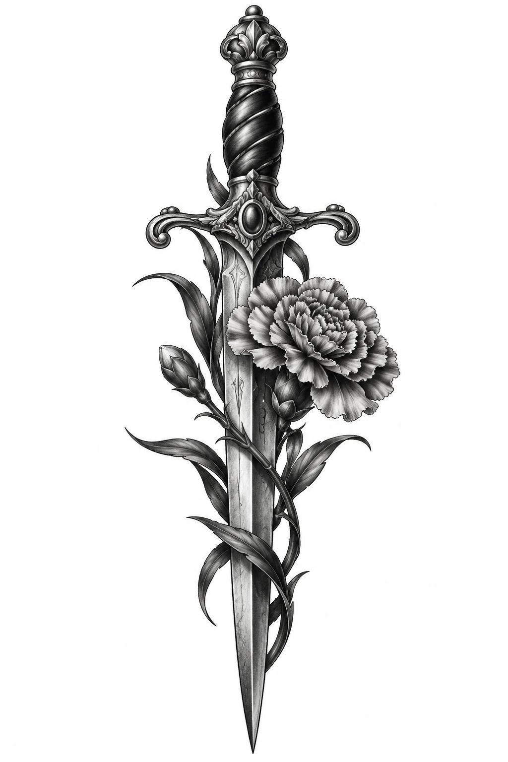 Desenho de tatuagem de Adaga clássica com cravo florido, modelo NR-0109, em preto e cinza.