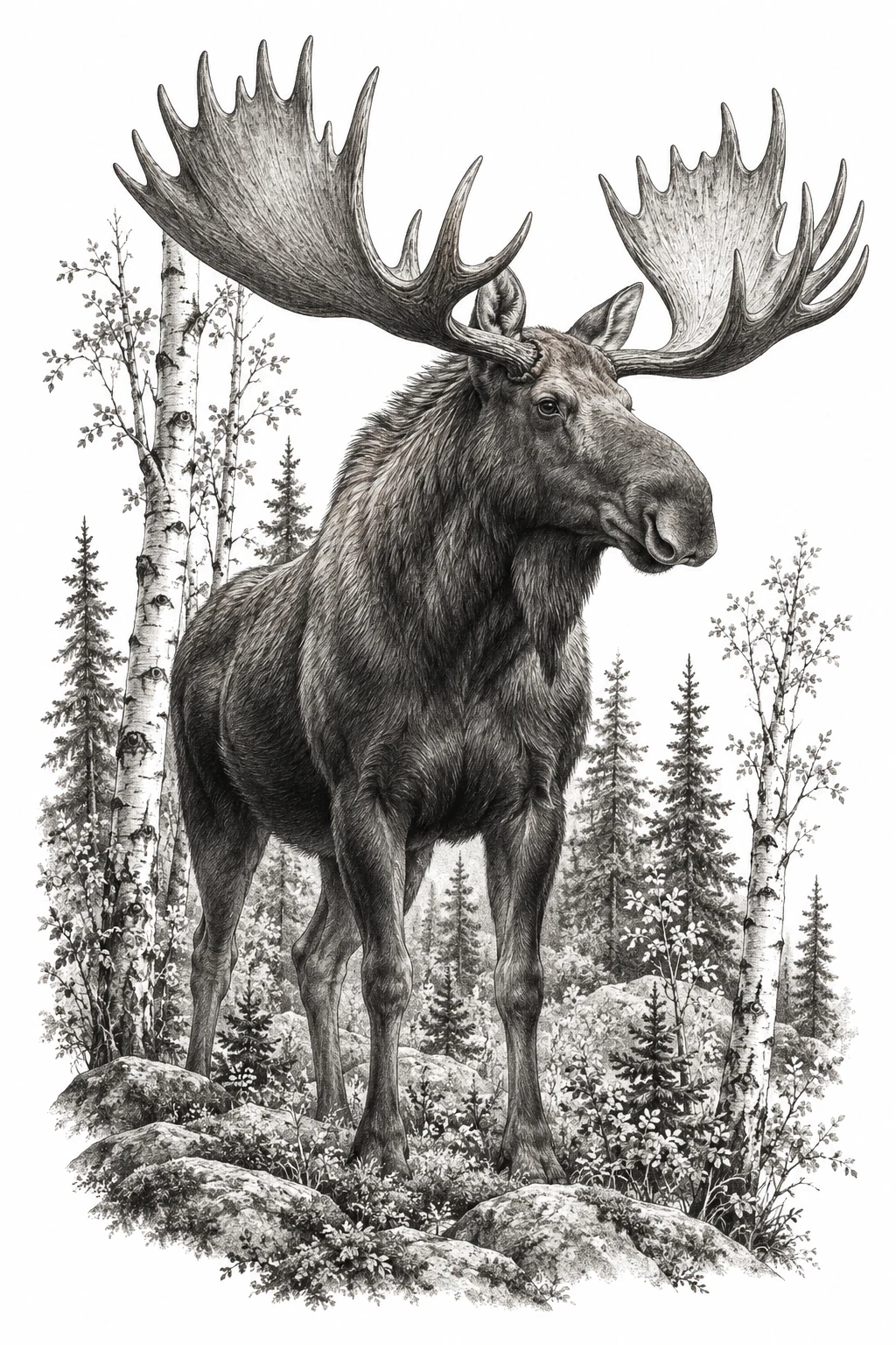 Desenho de tatuagem de Alce majestoso em clareira boreal, modelo NR-0110, em preto e cinza.