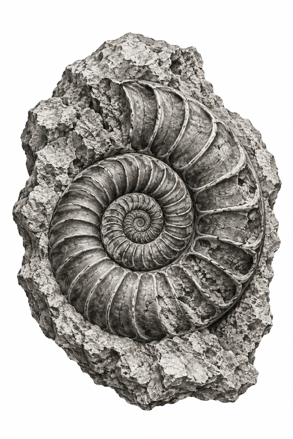 Desenho de tatuagem de Amonite espiral em calcário, modelo NR-0113, em preto e cinza.