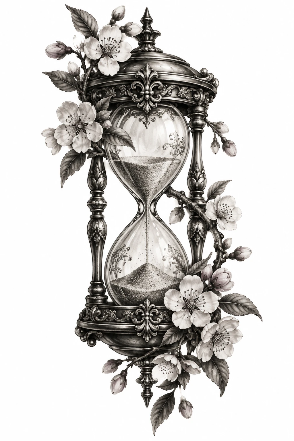 Desenho de tatuagem de Ampulheta antiga com flores de cerejeira, modelo NR-0114, em preto e cinza.