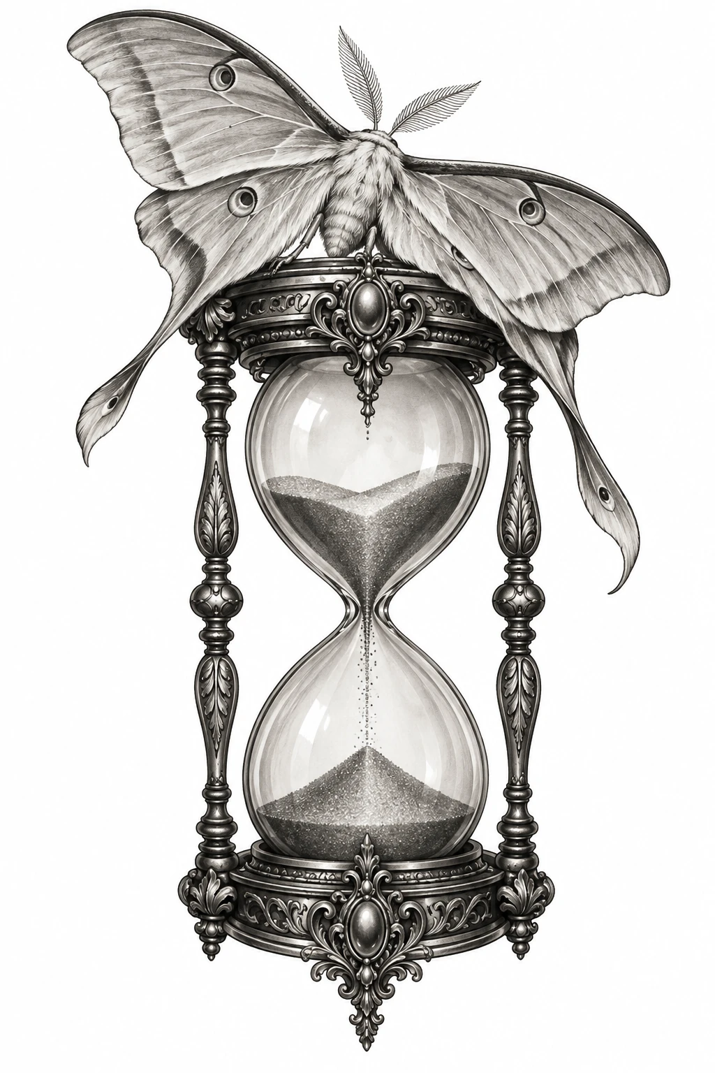 Desenho de tatuagem de Ampulheta antiga com mariposa-lua, modelo NR-0115, em preto e cinza.