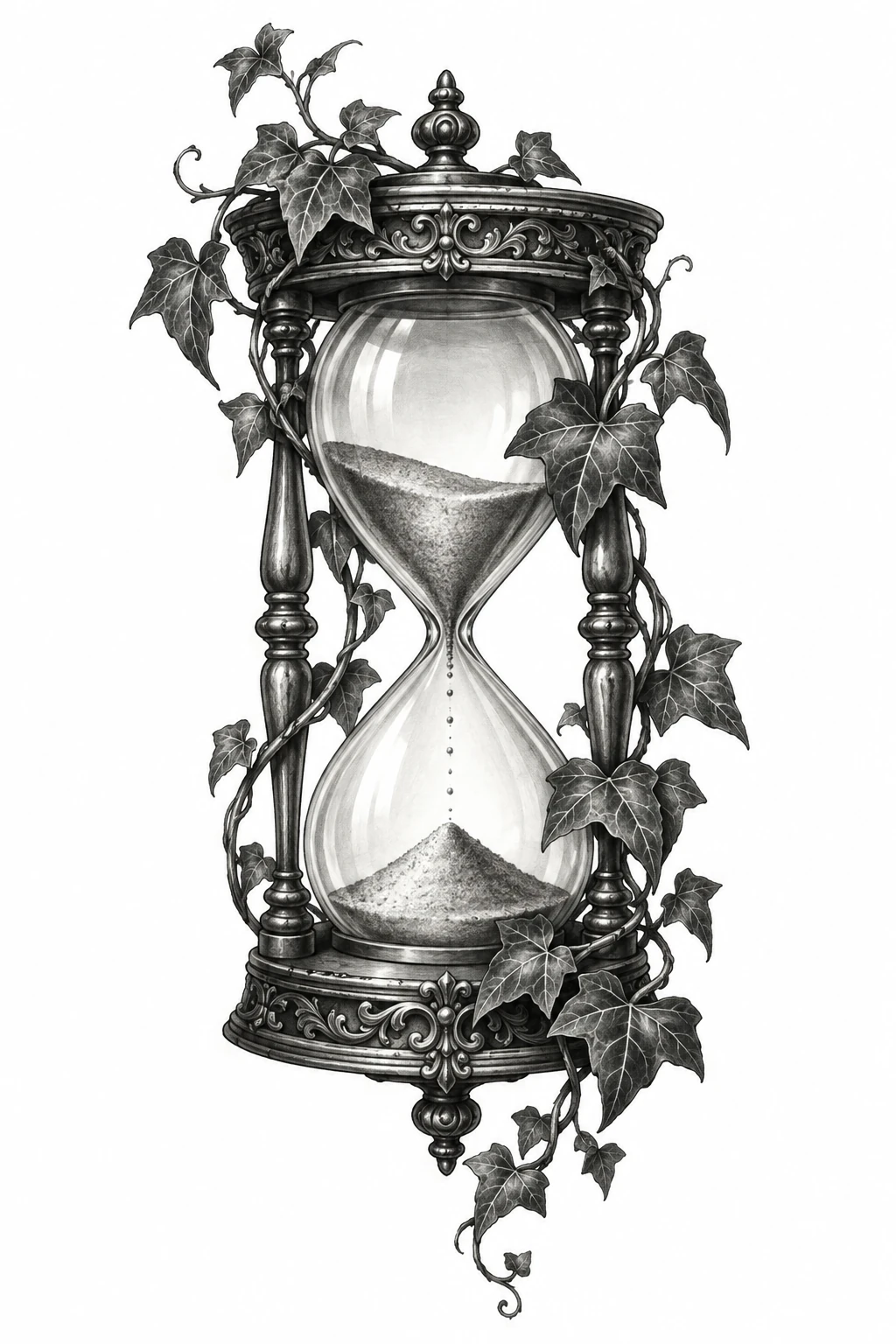 Desenho de tatuagem de Ampulheta antiga entrelaçada por hera, modelo NR-0116, em preto e cinza.