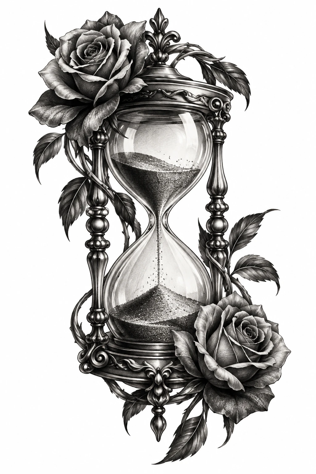 Desenho de tatuagem de Ampulheta ornamentada com rosas e areia, modelo NR-0120, em preto e cinza.