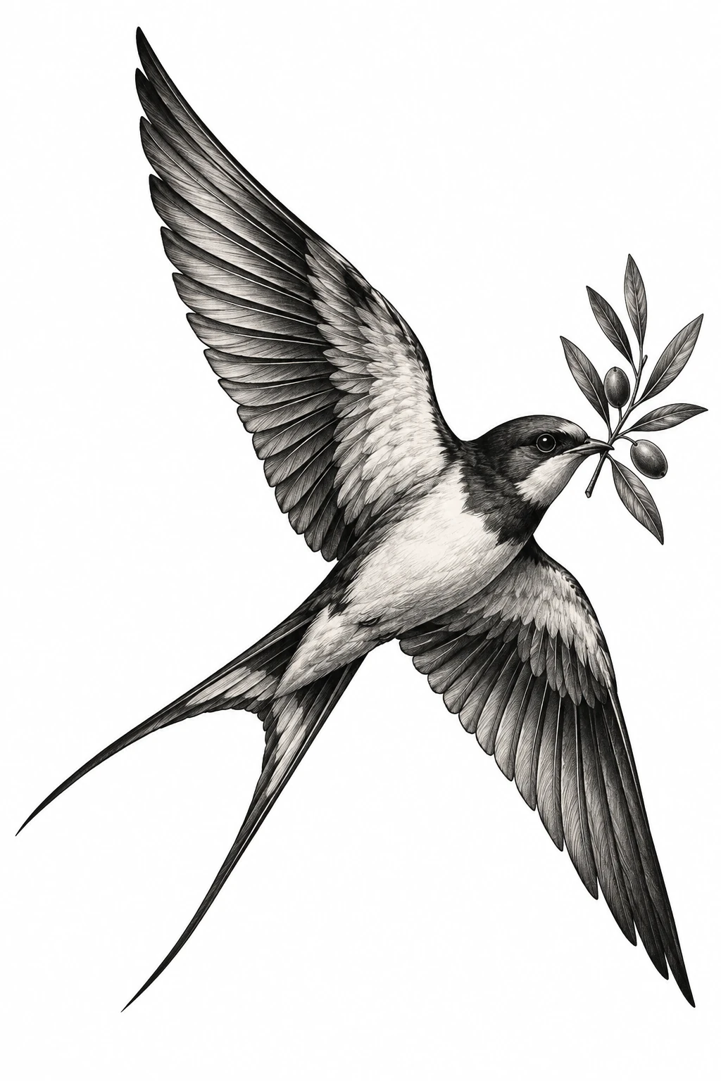 Desenho de tatuagem de Andorinha com ramo de oliveira(1), modelo NR-0121, em preto e cinza.